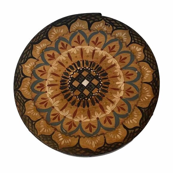 Round Hand Painted Folk Art Wooden Box Storage Vintage‎ 6 inch Stuff Mandala - Picture 2 of 9